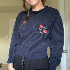 Vintage hand embroidered floral sweater M navy blue